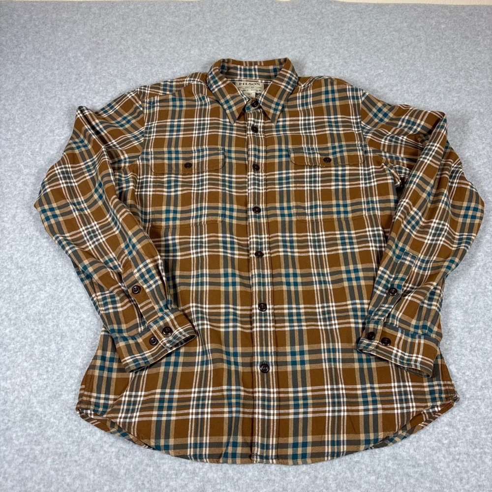 Filson Plaid Button Down Shirt Mens Large Brown Teal Long Sleeve 20049628